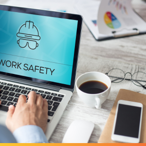 ilustracja do szkolenia rozporządzenie w sprawie BHP, przedstawia laptop z napisem "work safety".